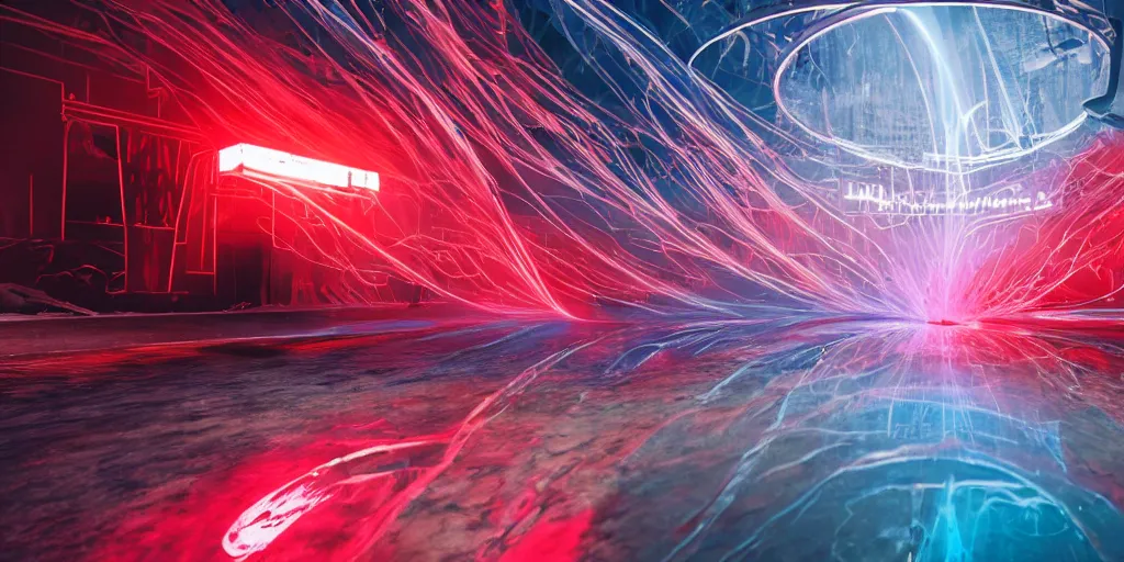 Prompt: slow motion with trail effect of futuristic break dancer made by liquid, long exposure shot , at night there is fog and a giant red neon triangle emitting energy, paddle of water, steam, water splashes, rim lights, glossy reflections, water droplets on lens, octane render, detailed and soft, 10mm fisheye