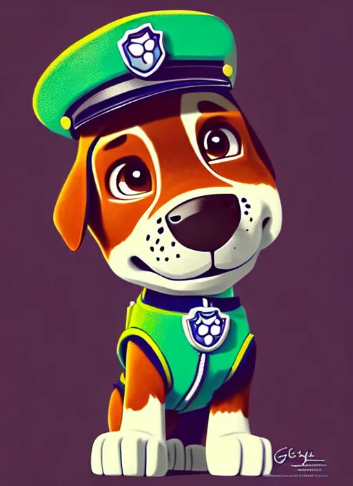 Image similar to highly detailed closeup of chase from paw patrol, puppy with police uniform and hat by atey ghailan, by greg rutkowski, by greg tocchini, by james gilleard, by joe fenton, by kaethe butcher, gradient, red, gold, black, brown and white color scheme, grunge aesthetic!!! white graffiti tag wall background