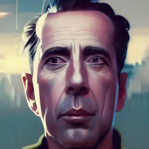 Prompt: beautiful delicate imaginative streamlined futuristic close up portrait of humphrey bogart sitting with elegant deadly looks, mechanical body on gold linings, smooth white and soft by ruan jia, tom bagshaw, alphonse mucha, krenz cushart, beautiful cyberpunk buildings in the background, epic sky, vray render, artstation, deviantart, pinterest, 5 0 0 px models