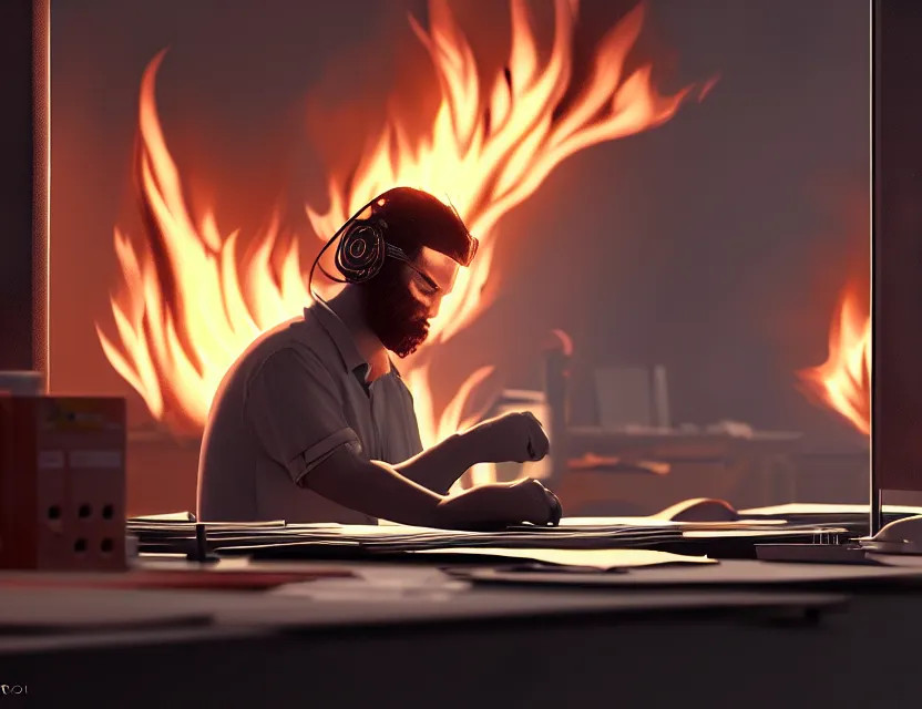 Prompt: a man works at a workstation in a big office with burning fires, close up, featured in artstation, intricate, ultra detailed, unreal engine, concept art, wide - angle lens, sharp focus, illustration, 8 k
