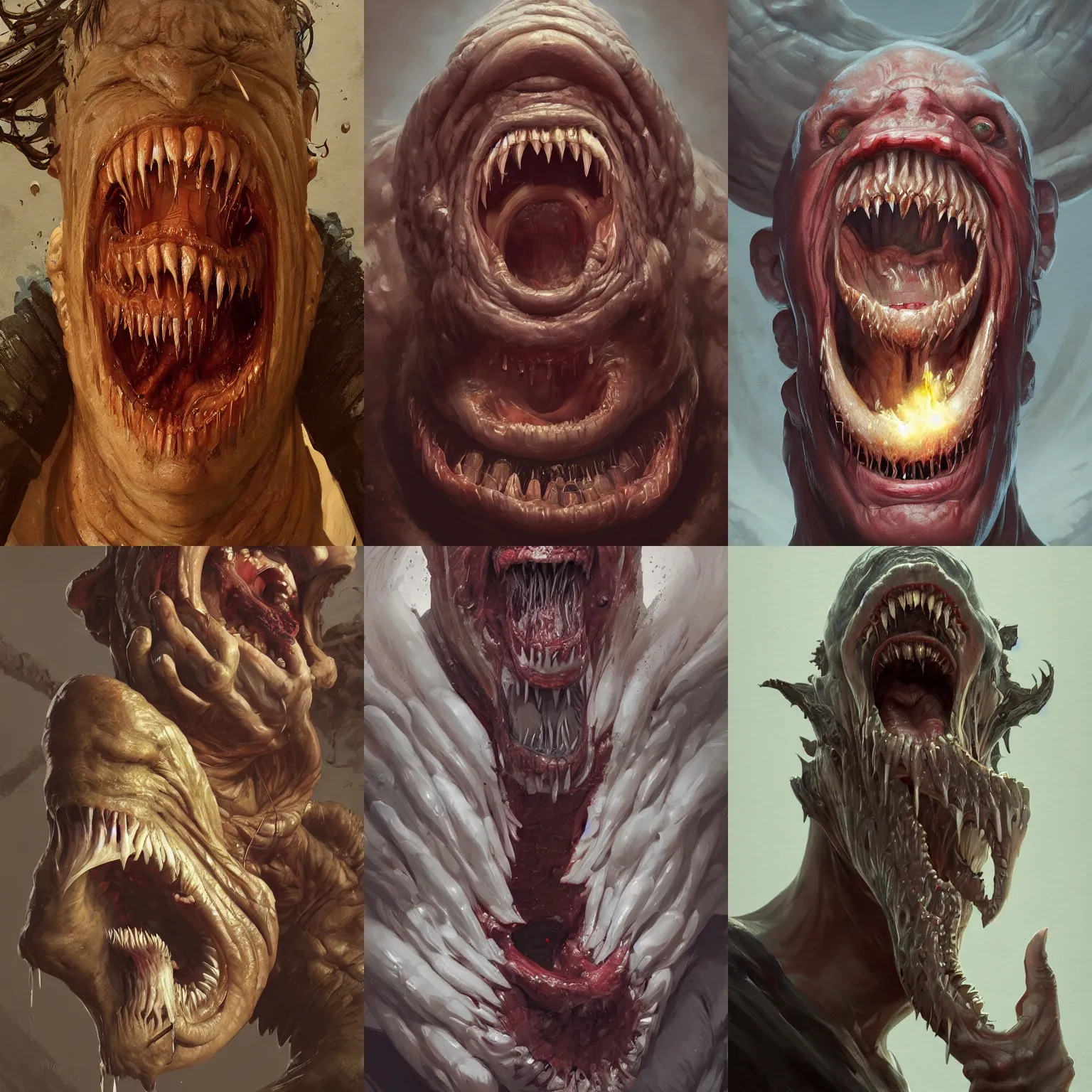 Prompt: portrait of a gibbering man with a huge mouth along his entire back, horrific, highly detailed backmouth, thousands of teeth, lamprey, digital painting, artstation, concept art, smooth, sharp focus, illustration, art by wlop, mars ravelo and greg rutkowski