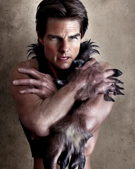 Prompt: actor Tom Cruise in Elaborate Pan Satyr Goat Man Makeup and prosthetics designed by Rick Baker, Hyperreal, Head Shots Photographed in the Style of Annie Leibovitz, Studio Lighting