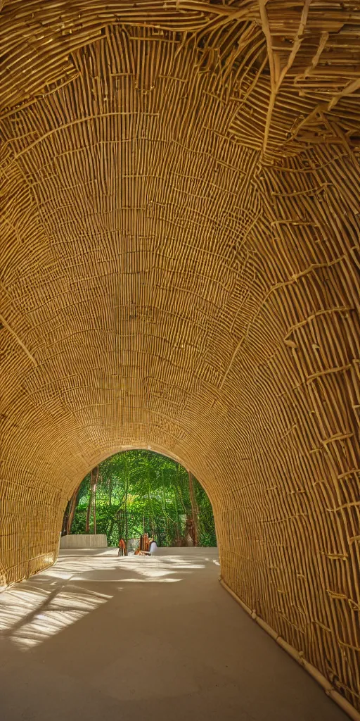 Prompt: inside small pavilion made of bamboo. complex curved vaulting structure. a large crowd at a party. modernist, 4 k, 8 k. volumetric lighting.