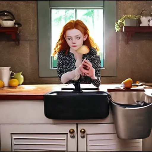 Image similar to sadie sink face popping out of a kitchen sink