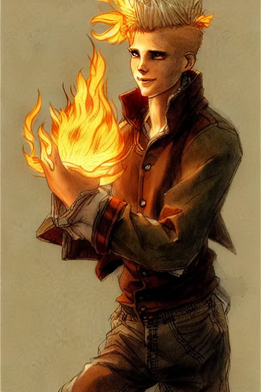 Prompt: character art by jean - baptiste monge, young man, blonde hair, on fire, fire powers