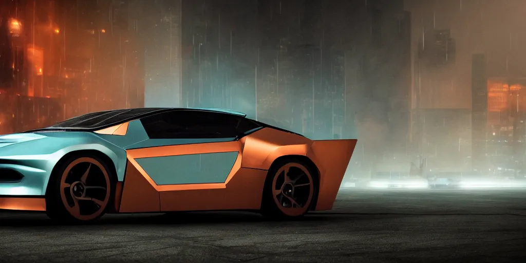 Image similar to a design of a futuristic DMC Delorian, designed by Polestar, blade runner background, back view, copper car paint with dark teal accent detailing, black windows, sportscar, black show room, dramatic lighting, octane rendering, unreal engine rendering, hyper realistic render, depth of field, octane rendering