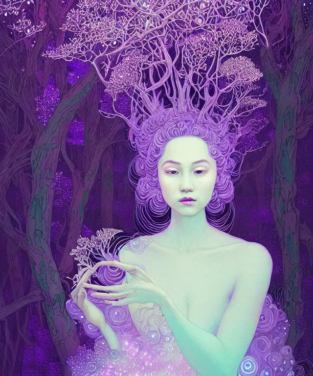 Image similar to ultra detailed, magical realism, portrait painting, of the beautiful empress within the enchanted purple forest, glowing purple, volumetric lighting, illusion, intricate details, by victo ngai