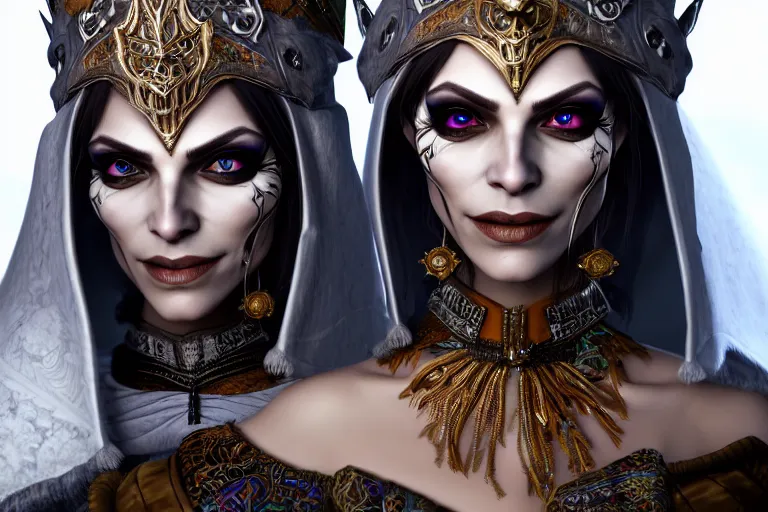 Image similar to a full portrait of a beautiful woman wearing, wearing extremely detailed attire, slim complexity, extremely detailed eyes, medievil, dnd, extremely detailed, high quality, trending on artstation, photo realistic