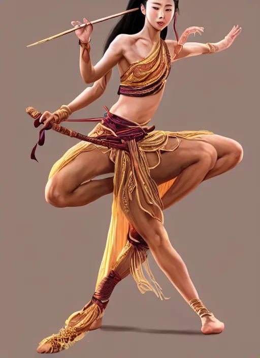 Image similar to full body portrait of a barefoot female dancer using a silk belt as weapon, barefoot, tanned skin, athletic, vivacious, hanfu, fully clothed, absurdly beautiful, chinese ribbon dance, silk belt, scorpion whip, wuxia, battle, detailed, anatomically accurate, fantasy illustration, drawn by wlop, artstation.