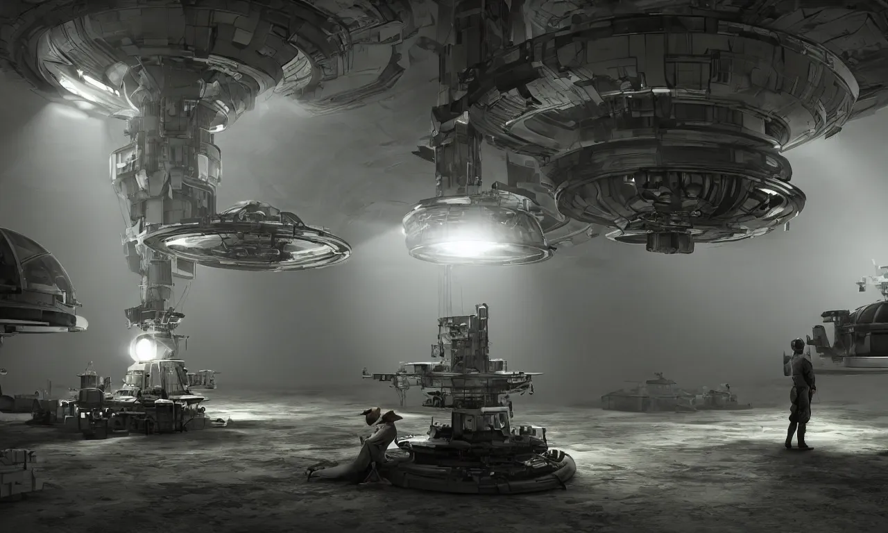 Prompt: sitting dog watching tired soldier repairing secret flying saucer, in dark futuristic laboratory, shadow cast of dark mirror ground, volumetric lighting, volume fog, subsurface scattering, dramatic lighting, high detail, from new scifi by digital domain and weta digital, strong ambient occlusion