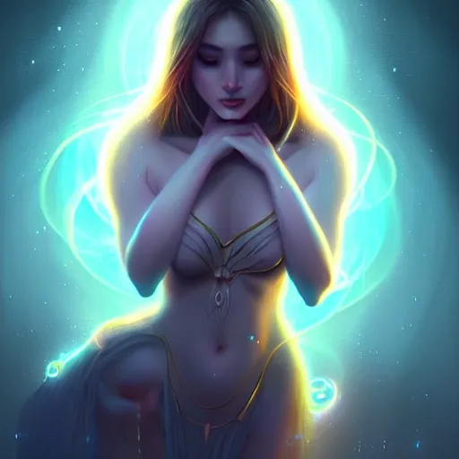 Image similar to mystical female creature with glowing energies and particals, surrounded by spirits, gloomy cinematic lighting, highly detailed, illustrated novel, by artgerm