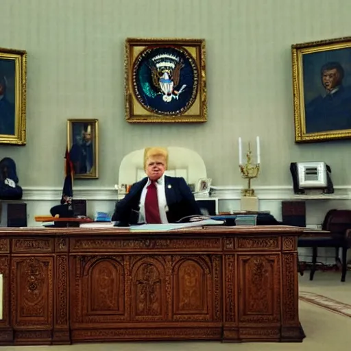 Image similar to senator armstrong from metal gear rising revengeance sitting in oval office behind resolute desk, oil painting, presidential portrait