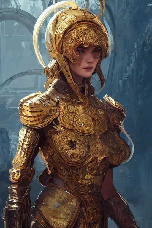 Image similar to portrait knights of Zodiac girl, golden and copper reflected armor, in ruined Agora of Athens, ssci-fi, fantasy, intricate, very very beautiful, elegant, highly detailed, digital painting, artstation, concept art, smooth, sharp focus, illustration, art by tian zi and WLOP and alphonse mucha