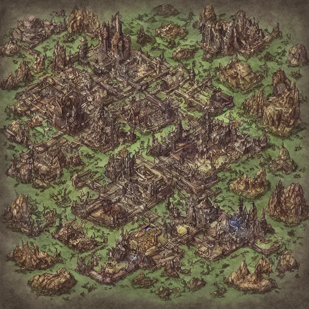 Image similar to an isometric dark fantasy map with flavors of disney, brian froud and hr giger