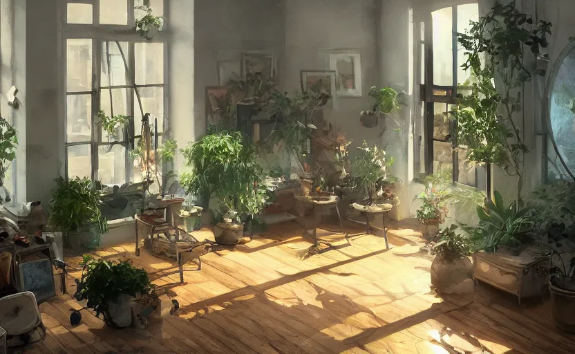 Image similar to a stylish artist studio interior, old wood floors, potted plants, painting by Craig Mullins, octane rendering, soft morning lighting, wide angle lens, low view, in the style of Hayao Miyazaki, trending on artstation,