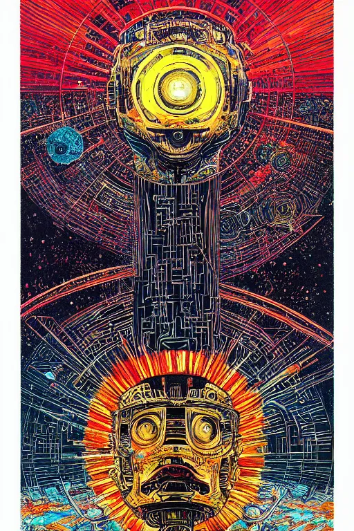 Prompt: a painting of a blazing geometric sun above a totem of robot heads, detailed, 4 k, by stanley donwood philippe druillet and victo ngai, juan gimenez