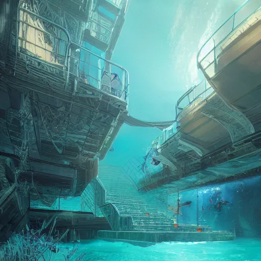 Image similar to underwater spy facility in atlantic the hidden city, intricate artwork, by tooth wu, wlop, beeple, dan mumford. concept art, octane render, trending on artstation, greg rutkowski very coherent symmetrical artwork. key art, high detail, octane render, 8 k, iridescent accents