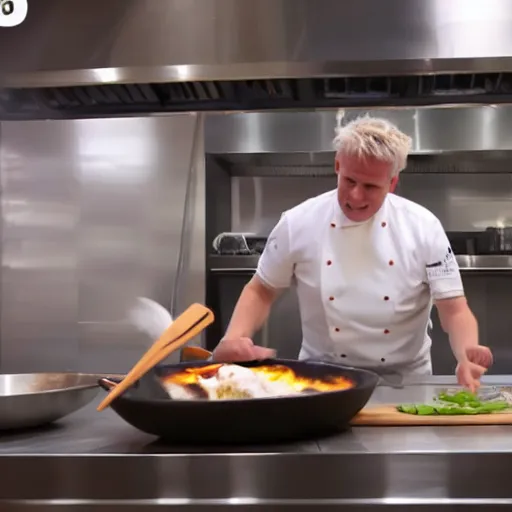 Image similar to hyper real Gordon Ramsey cooking a unicorn in kitchen 4k