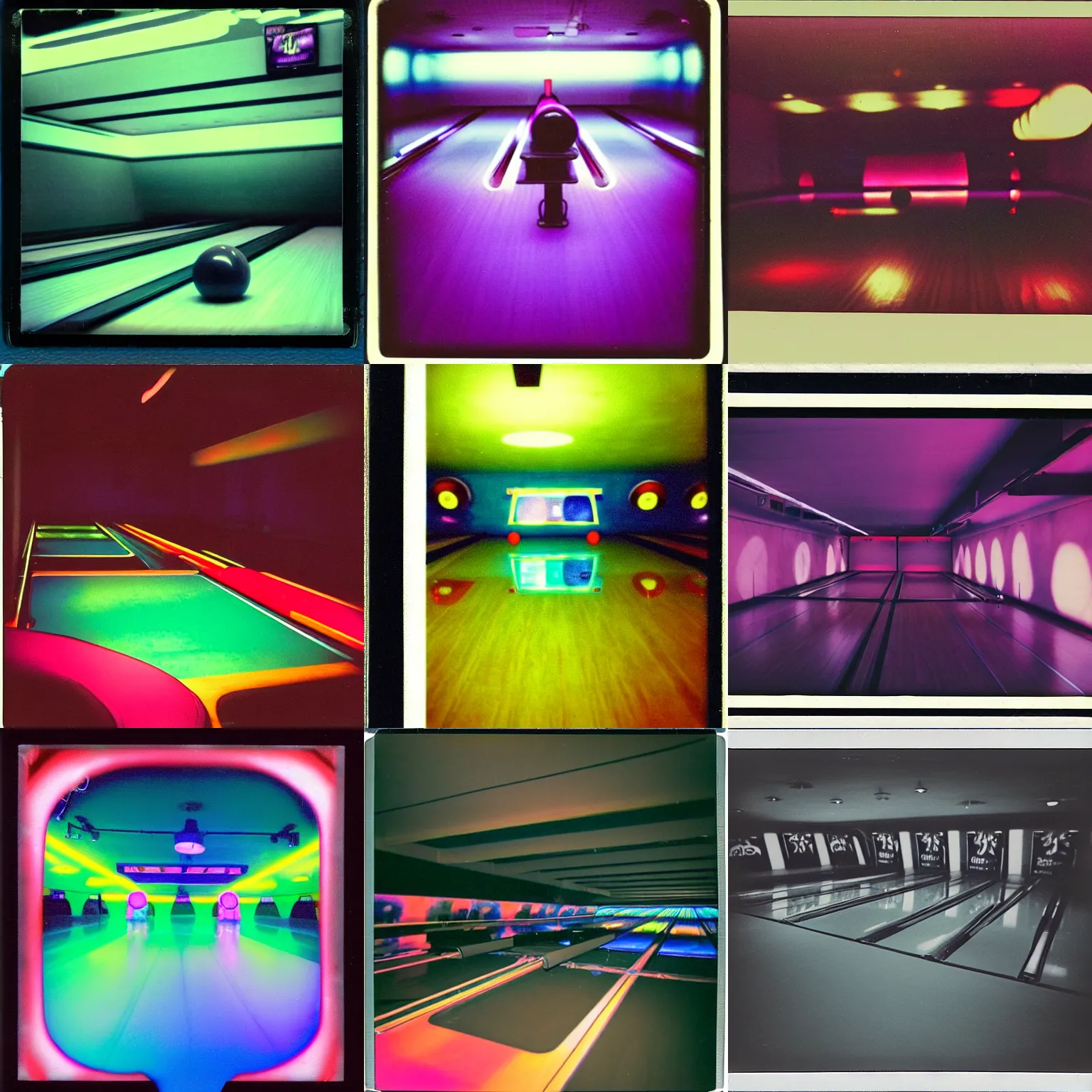 Prompt: a liminal space vibrant blacklight bowling alley, polaroid, 1990s