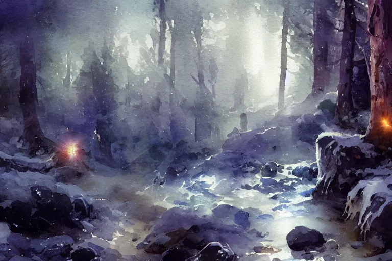 Image similar to small centered on watercolor paper, paint brush strokes, abstract watercolor painting of forest of diamonds, viking age religious temple, glow and sparks, cinematic light, national romanticism by hans dahl, by jesper ejsing, by anders zorn, by greg rutkowski, by greg manchess, by tyler edlin, by craig mullins