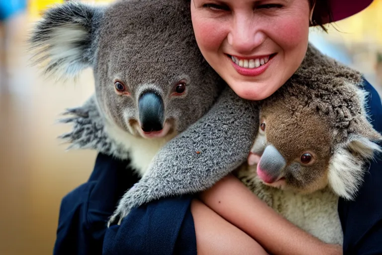 Image similar to closeup portrait of a woman carrying a koala over her head in a flood in Rundle Mall in Adelaide in South Australia, photograph, natural light, sharp, detailed face, magazine, press, photo, Steve McCurry, David Lazar, Canon, Nikon, focus