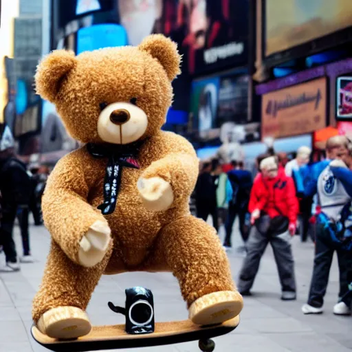 Image similar to a teddy bear on a skateboard in times square