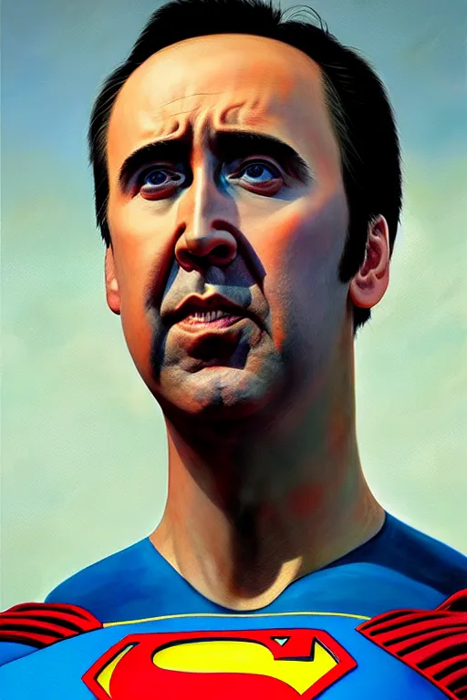 Image similar to portrait of nicolas cage as superman looking away from the camera, intricate, hyperrealistic, extremely detailed oil painting by simon stalenhag and greg rutkowski, artstation