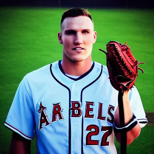 Image similar to “a realistic photo of a guy who is an attractive baseball player man who is half robot and half humanoid, who is a robot, Mike Trout, shiny skin, blue eyes”