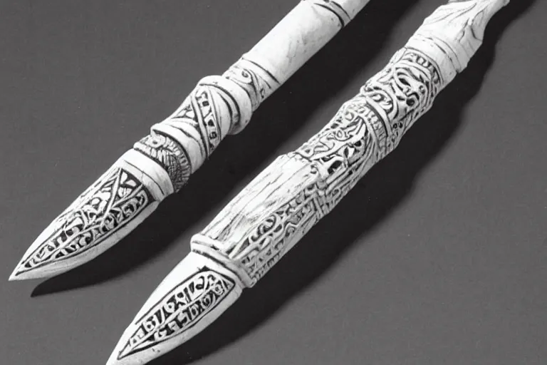 Prompt: ornate bone dagger with intricate carvings, museum catalog photograph
