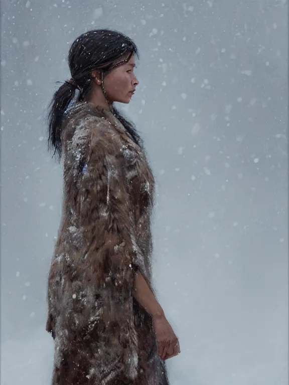 Prompt: an ultradetailed beautiful portrait painting of an female tribe native standing in an arctic snow storm, side view, oil painting, high resolution, by ilya kuvshinov, greg rutkowski and makoto shinkai