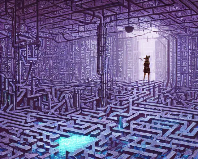 Prompt: interior of an underground maze within a large cyberpunk complex, girl waking up in bed in middle of room. pixelart, brutalism, volumetric lighting, 8 k, art by dan mumford, greg rutowski, johan grenier, wayne barlowe