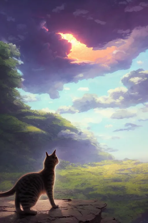 Image similar to a highly detailed matte painting of a cat watching a nuclear explosion in the distance by studio ghibli, makoto shinkai, by artgerm, by wlop, by greg rutkowski, volumetric lighting, octane render, 4 k resolution, trending on artstation, masterpiece