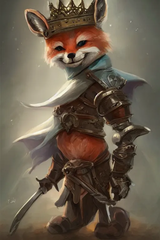 Image similar to cute little anthropomorphic foxy knight wearing a cape and a crown, tiny, small, miniature fox, baby animal, short, pale blue armor, cute and adorable, pretty, beautiful, DnD character art portrait, matte fantasy painting, DeviantArt Artstation, by Jason Felix by Steve Argyle by Tyler Jacobson by Peter Mohrbacher, cinematic lighting