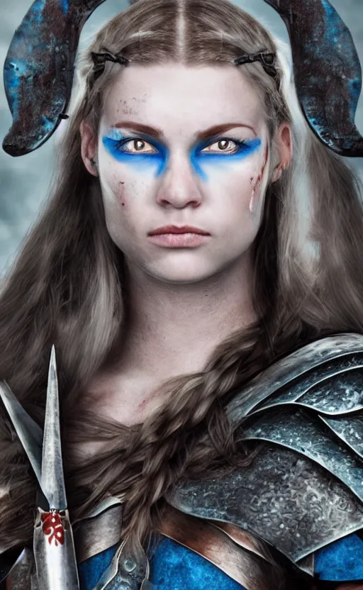 Prompt: photorealistic portrait of female viking warrior with black hair and bleeding nose, blue eyes, porcelain skin, shoulders, determined