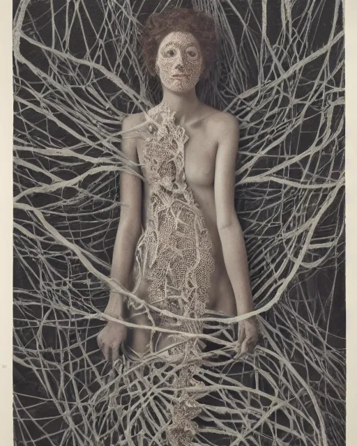 Image similar to a woman's face entwined in a coral reef, made of intricate decorative lace leaf skeleton, in the style of the dutch masters and gregory crewdson, dark and moody