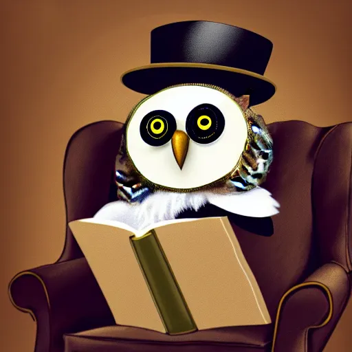 Prompt: an owl wearing a monocle and a top hat, sitting in an armchair and reading a book, portrait, award-winning photo, 4k