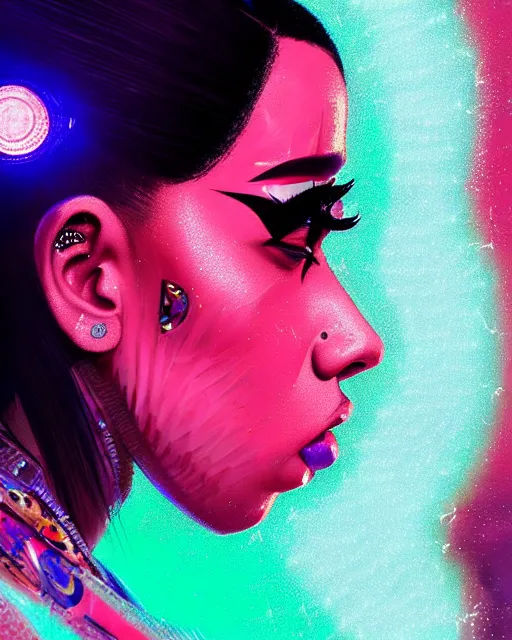 Image similar to detailed side profile portrait of Cardi B, cyberpunk futuristic neon, reflective puffy coat, decorated with traditional Japanese ornaments by Ismail inceoglu dragan bibin hans thoma greg rutkowski Alexandros Pyromallis Nekro Rene Maritte Illustrated, Perfect face, fine details, realistic shaded, fine-face, pretty face