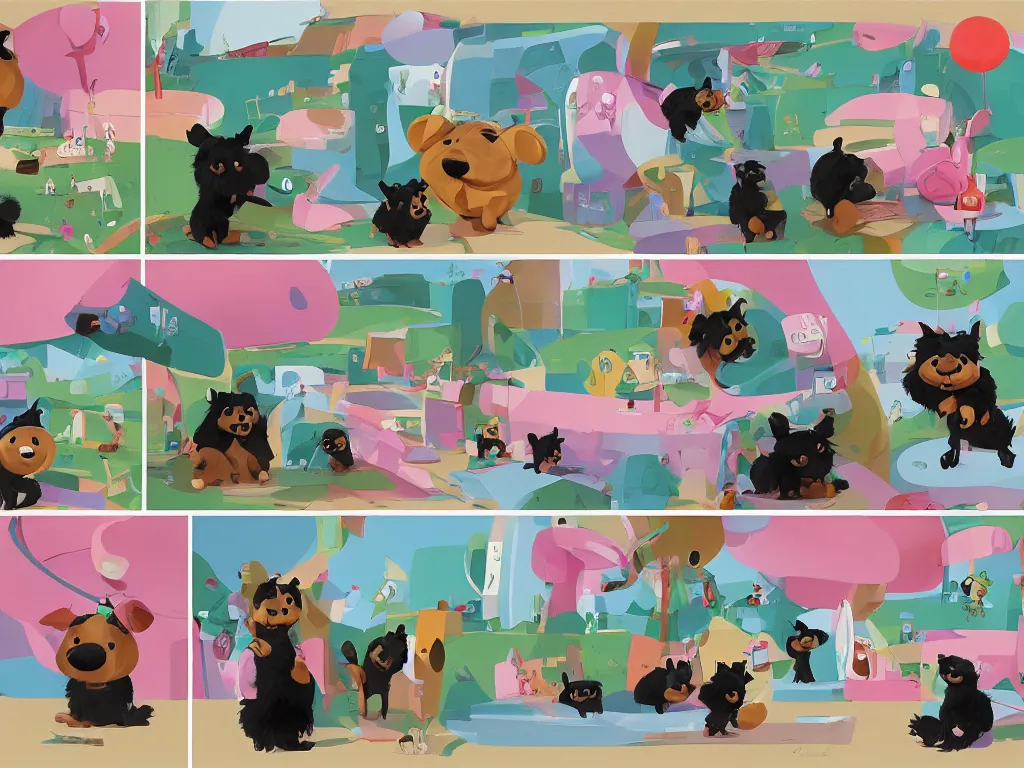 Prompt: a comic strip of a smiling black and caramel Yorkshire Terrier, art by Goro Fujita, plus a pink rubber monkey, the two animals play in a simply sketched park, art by Goro Fujita