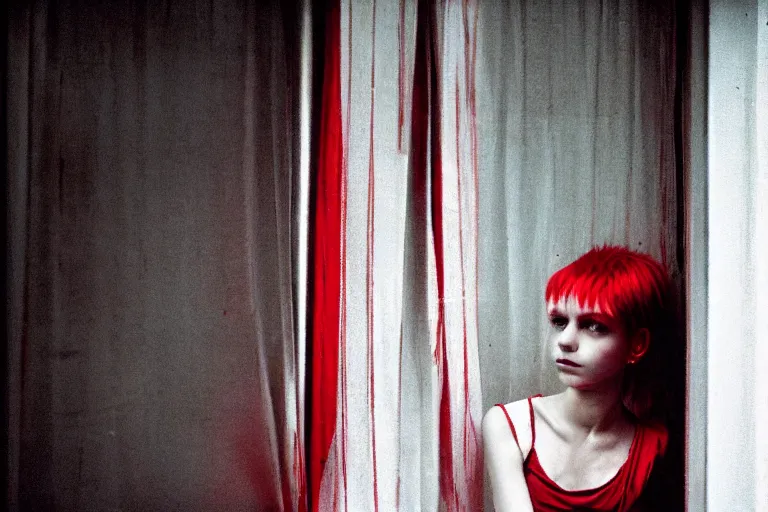 Prompt: punk girl wearing white and red looking outside the window in her bedroom during night time, elegant, highly detailed, 8 k, photorealistic, photography, real picture, heavy grain, neon lighting, hdr, photographed by steve mccurry, annie leibovitz, henri cartier - bresson, robert capa, andreas gursky