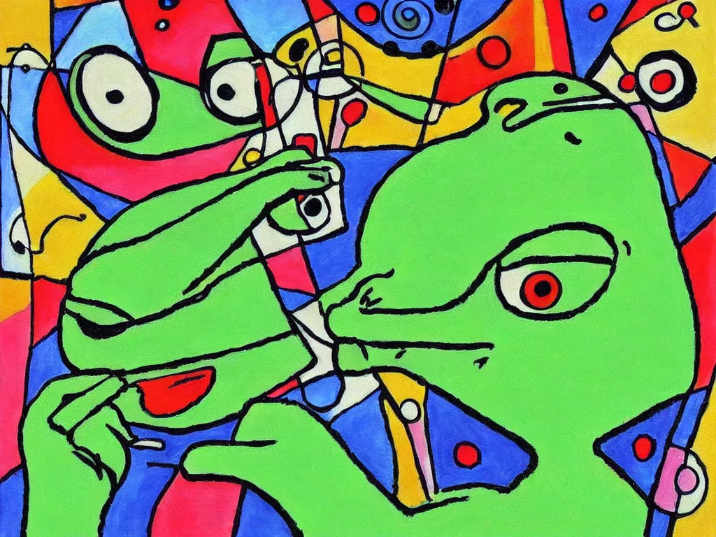 Image similar to portrait of a cyclops pepe! the frog! drinking coffee in the style of kandinsky, oil painting