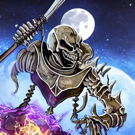 Prompt: skeleton knight in another world use magic axe slay the huge dark crystal on the moon