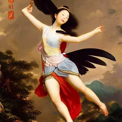 Prompt: sun wu kong flying with a racket as Nike Goddess portrait, wings, luxuriant, dreamy, eternity, romantic, strong pose, highly detailed,in the style of Franz Xaver Winterhalter, highly detailed,in the style of Aetherpunk