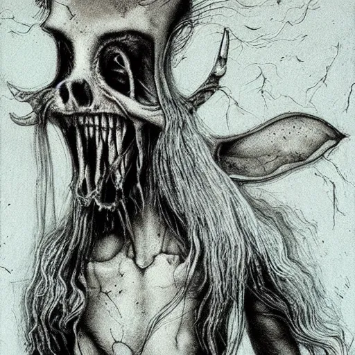 Prompt: grunge drawing of a cartoon bloody rabbit by - Zdzisław Beksiński , corpse bride style, horror themed, detailed, elegant, intricate