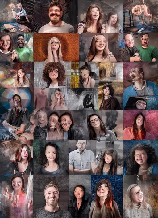 Image similar to group portraits, groups of diverse happy humans imagining large beautiful images, text morphing into rotating objects, highly detailed, super realistic, large hall, perfect lighting pixel sorting