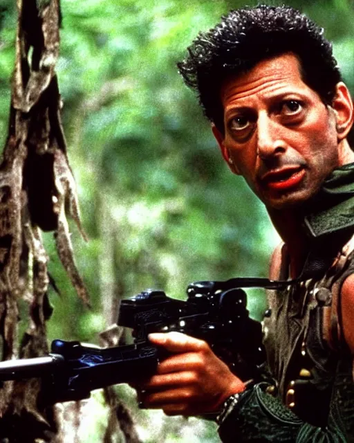 Prompt: Jeff Goldblum as Jeff Goldblum as Major Dutch in Predator (1987), movie still