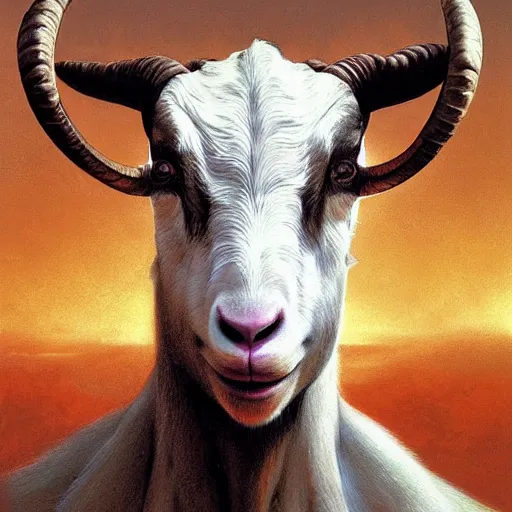 Image similar to vladimir putin is anthropomorphic goat hybrid, face of putin macabre, horror, by donato giancola and greg rutkowski and wayne barlow and zdzisław beksinski, digital art