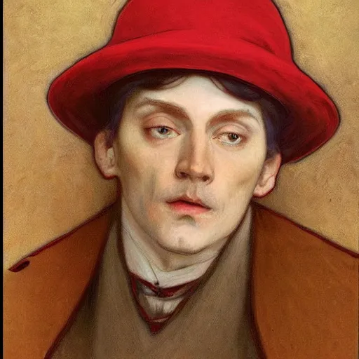 Prompt: A portrait of an evil sorecerer with a red hat by Aphonse Mucha, high detail, 8k