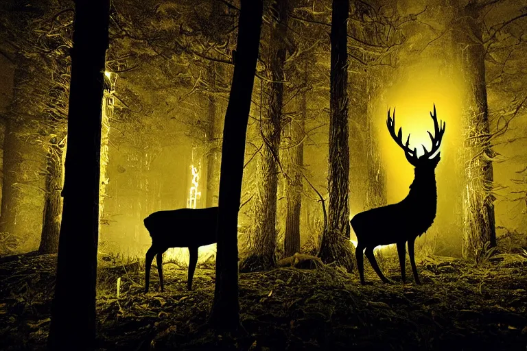 Prompt: a glowing bioluminescent stag illuminates a creepy dark forest, night
