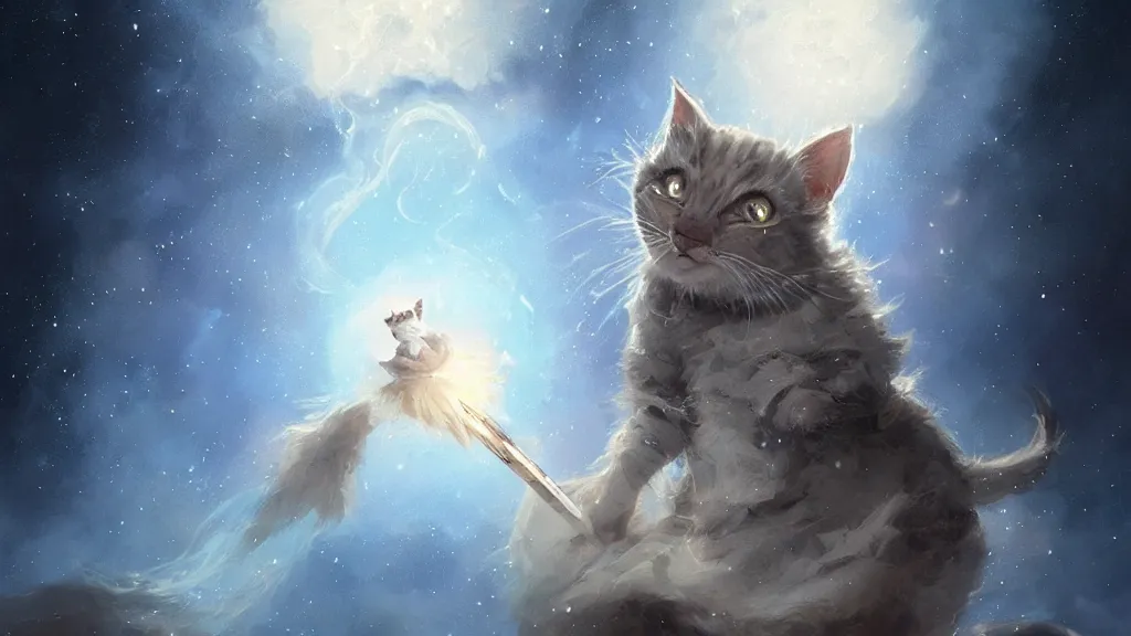 Image similar to one cartoonish kitten dressed as Gandalf floating in space, bright stars, anime, a fantasy digital painting by Greg Rutkowski and James Gurney, trending on Artstation, highly detailed