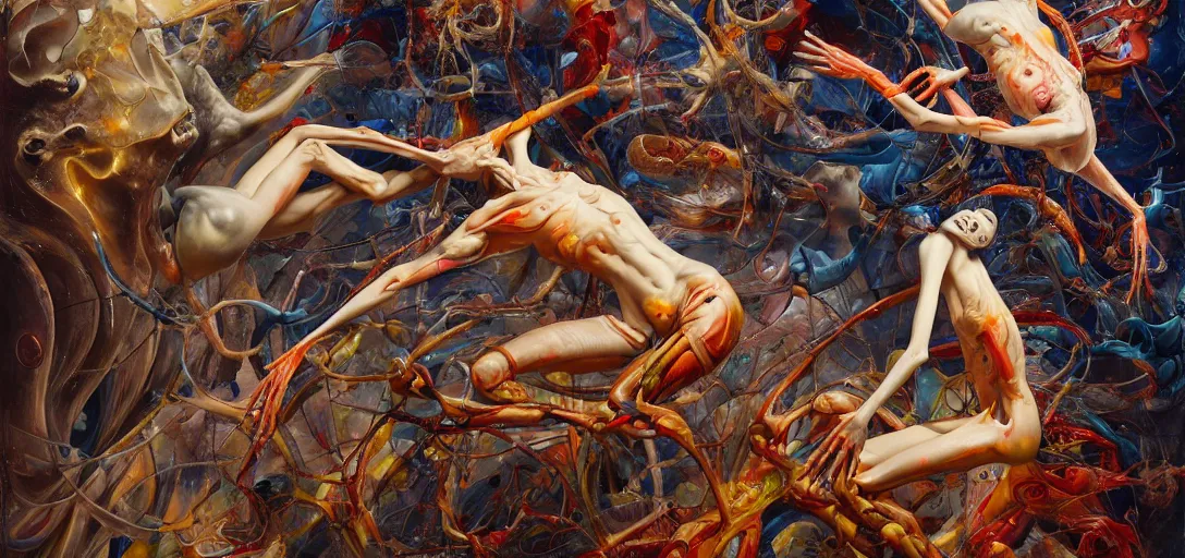 Image similar to abstract, fleshy anatomical skinny figures with extra limbs, hovering in the air, zero gravity, neurons firing, rich colours, karol bak, mark brooks, hauntingly surreal, highly detailed painting by katsuhiro otomo, part by james jean, part by adrian ghenie, part by gerhard richter, soft light 4 k